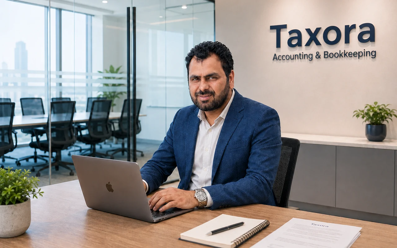 Taxora accounting professional working in a modern office